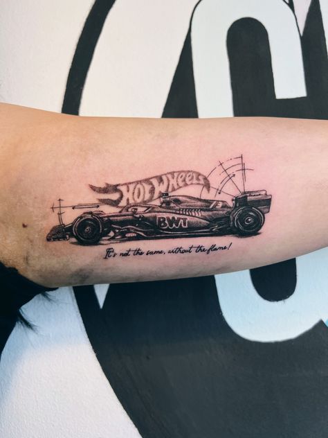 F1 combined with Hot wheels, executed using linework, dotwork and whipshading. Created by GRMC Studios. Hot Wheel Tattoo, F1 Car Tattoo, Hot Wheels Tattoo, Formula 1 Tattoo Ideas, F1 Tattoo, Wheel Tattoo, Tattoos For Lovers, Car Tattoos, Cute Little Tattoos