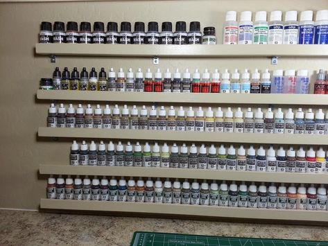 Over the past few years, I've been asked a few times what I use for keeping my model paints organized.  If you've read my "Painting Room"  ... Hobby Room Design, Hobby Organization, Model Kits Hobbies, Paint Rack, Paint Organization, Painting Station, Hobby Desk, Vallejo Paint, Painting Room