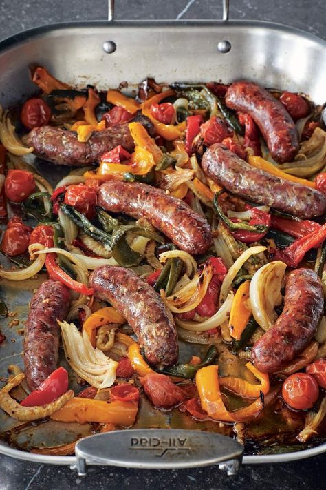 Ina Garten Roasted Sausages Peppers & Onions - Ina Garten Eats Ina Garten Recipe, Sausage Peppers And Onions, Italian Sausages, Ina Garten Recipes, Poblano Peppers, Hot Italian Sausage, Sweet Italian Sausage, Sausage And Peppers, Hearty Dinner