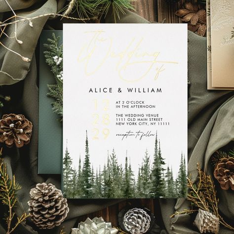 This Wedding Invitation features a beautiful watercolor forest and pine trees, with modern calligraphy typography in REAL GOLD FOIL. Check out our Wedding collections to find the perfect matching items to make your special day even more special, and impress your guests with this beautiful design. Forest Invitations Weddings, Pine Green Wedding Invitations, Woodsy Save The Date, Wedding Invites Trees, Wedding Invitations Forrest, Pine Tree Wedding, Pine Tree Wedding Invitations, Forest Wedding Invitations, Christmas Wedding Invitations