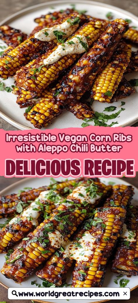 Elevate your next meal with these Irresistible Vegan Corn Ribs drizzled with Aleppo Chili Butter. This unique recipe transforms fresh corn into savory "ribs," packing a flavorful punch perfect for summer grilling or casual dinners. The sweet corn paired with the smoky heat of Aleppo chili creates a delicious contrast that your family and friends will love. Quick to prepare and easy to customize, these corn ribs will undoubtedly become a crowd favorite at your gatherings! Corn Ribs Recipe, Chili Butter, Quick Easy Family Meals, Corn Ribs, Gourmet Dishes, Recipes Meal Prep, Unique Recipe, Healthy Dinner Ideas, Summer Grilling