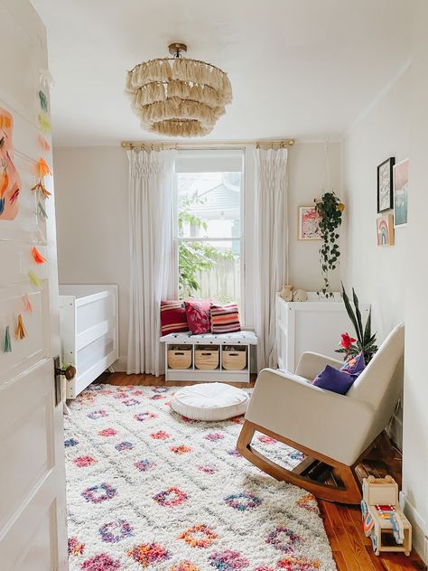 shared nursery tour on mother mag — Lucky Andi Eclectic Nursery Girl, Baby And Toddler Shared Room, Shared Nursery, Eclectic Nursery, Bright Nursery, Baby Nursery Design, Nursery Tour, Nursery Room Inspiration, Shared Room