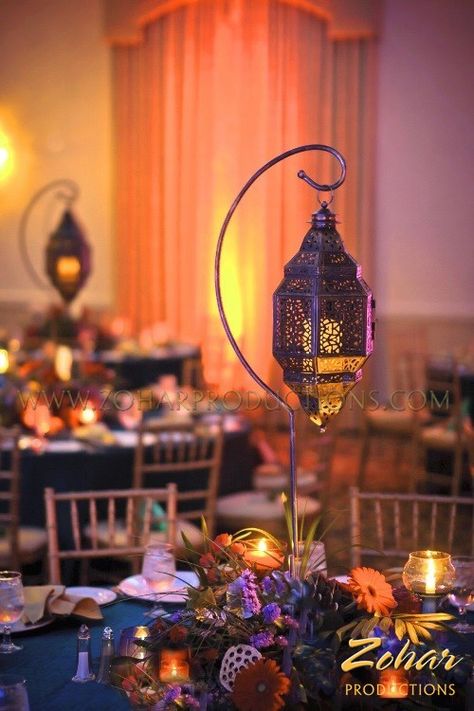 4' Hanging Lantern Centerpieces - Zohar Productions provides authentic Moroccan tents and decorations. Hanging Lantern Centerpieces, Moroccan Centerpieces, Arabian Nights Party Centerpieces, Moroccan Wedding Centerpieces, Lamp Centerpiece Wedding, Arabian Centerpieces, Arabic Night Party Ideas, Moroccan Party Decor, Sufi Night Decor