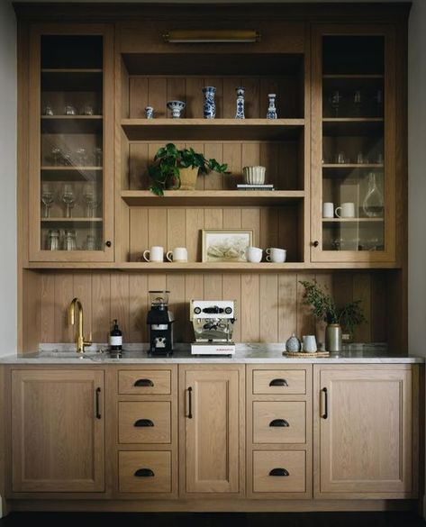 Virtual Interior Design • Setting For Four Interiors on Instagram: "Such a gorgeous coffee bar! Love the wood cabinetry and shelves for display! Do you have a coffee bar? Design @jeanstofferdesign  💫 Follow @settingforfour for interior design inspiration💫 .  . . . . #coffee #builtin #kitchen #kitchendesign #kitcheninspo #kitchendesignideas #kitchenisland #kitchenremodel  #kitchencabinets  #kitchenbacksplash #kitchendecor #kitchenlighting  #kitcheninspiration  #architecturaldigest #luxeathome #luxemagazine #interiordesignmagazine #elledecor #smmakelifebeautiful #SODomino #restorationhardware  #FindItStyleIt #ShowEmYourStyled #VogueLiving #elledecor" Jean Stoffer Design, Jean Stoffer, Coffee Bar Design, Dining Cabinet, Interior Design Work, Kitchen Extension, Interior Design Magazine, Updated Kitchen, Cottage Homes