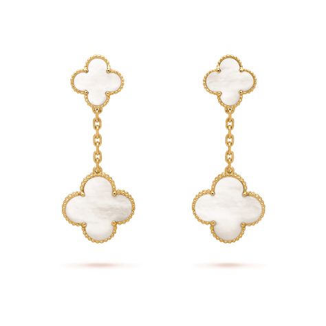 Magic Alhambra earrings, 2 motifs Yellow gold, Mother-of-pearl - Van Cleef & Arpels Van Cleef Dangling Earrings, Van Cleef White Earrings, White Van Cleef Earrings, Magic Alhambra Earrings, Van Cleef Arpels Aesthetic, Alhambra Jewelry, Van Cleef Jewelry, Alhambra Van Cleef, Van Cleef Earrings