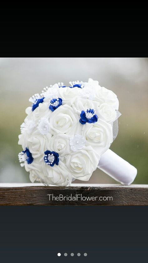 Real white roses and blue royal blue accents bouquet Blue Wedding Accents, Horizon Blue Weddings, Royal Blue Bouquet, Bridal Wedding Flowers, Wedding Flower Guide, Bridal Bouquet Blue, Artificial Wedding Bouquets, Pearl Flowers, Royal Blue Wedding