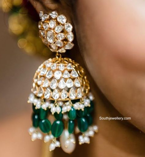 Polki diamond jhumkas Gold Jhumkas, Diamond Jhumkas, Vintage Indian Jewelry, Neck Pieces Jewelry, Indian Jewelry Earrings, Diamond Wedding Jewelry, Jewellery Bridal, Antique Jewellery Designs, Jewellery Wedding