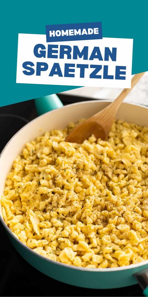 This German spaetzle recipe is browned in butter and seasoned perfectly to pair with your favorite dinner dishes. Egg-based dumplings with a bit of herb flavor, they are delicious with schnitzel or sauerbraten. Spaetzle Recipes Sauces, How To Make Spaetzle, Spaetzle Recipes, German Recipes Dinner, Egg Pasta Recipe, German Side Dishes, German Schnitzel, German Spaetzle, Missions Conference