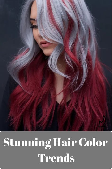 Discover the hottest hair color trends of the season with our expert guide! From stunning balayage to bold rainbow hues, we've got you covered. Whether you're craving a subtle change or a dramatic transformation, these trending shades will inspire your next salon visit. Say goodbye to dull hair and hello to vibrant, head-turning color that will have you feeling like a whole new person. Get ready to elevate your look and stand out from the crowd with these must-try hair color trends! Vibrant Red Hair Color Ideas, Bright Red And Blonde Hair Color, Fun Red Hair Color Ideas, Silver And Red Hair, Gray And Red Hair, Red Hair With Silver Highlights, Red And White Hair, Grey Blending, Vibrant Red Hair