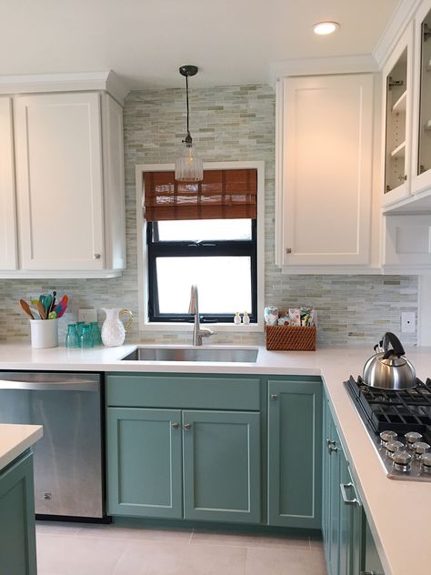 Benjamin Moore Stratton Blue Cabinets, Teal Lower Cabinets White Upper, Teal And White Kitchen, Blue Lower Cabinets, Stratton Blue, Elegant Cottage, California Kitchen, White Upper Cabinets, Aqua Kitchen