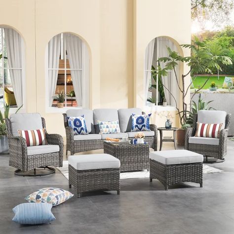 Guillen Wicker 7 - Person Outdoor Seating Group with Cushions Comfortable Patio Furniture, Patio Furniture Conversation Sets, 2 Ottomans, Modern Swivel Chair, Swivel Rocking Chair, Rocking Chair Set, Furniture Sofa Set, Coffee Table Grey, Wicker Patio Furniture