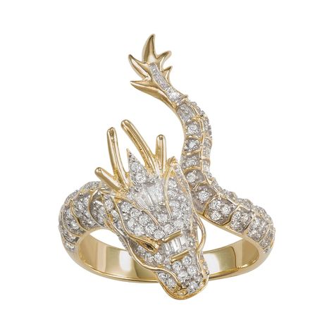 Designed with a dragon motif accentuated with cubic zirconia stones, this ring provides mythical appeal. Designed with a dragon motif accentuated with cubic zirconia stones, this ring provides mythical appeal. RING DETAILS Width: 28 mm Metal: sterling silver Plating: 14k gold Packaging: boxed CUBIC ZIRCONIA DETAILS Total weight: 1 1/3 ct. Shape: round, baguette cut Color: black, white Setting: pave, prong Gemstones may have been treated to enhance their appearance. Special care may be required. Dragon Ring, Dragon Jewelry, Silver Dragon, Dragon Head, Meaningful Jewelry, Ring Style, A Dragon, Silver Band, Fashion Rings