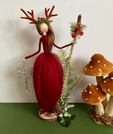 Yule goddess #witches #pagan #greenwitch #hedgewitch #spells #woollywitches #woolwitch #felt #magic #gifts #handmade #needlefelted #wool #pagan #halloween #witchdecor #decorations #fimoclsy #fimosculpture #crafts #ukbased #whitewitch #witchdoll #handmadedolls #needlefelting #woollywitches #woollywitch #yule Yule Goddess, Yule Witch, Pagan Halloween, Yule Celebration, Hedge Witch, Witch Doll, White Witch, Witch Decor, Christmas Wonderland