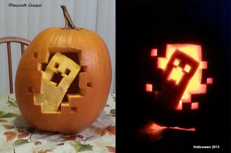 halloween 2013 Pumpkin Carving - Minecraft Creeper by bluedragon82 on deviantART Minecraft Pumpkin Carving, Minecraft Pumpkin, Halloween Pumpkins Carvings Designs, Scary Halloween Pumpkins, Halloween Pumpkin Carving, Pumkin Carving, Image Halloween, Pumpkin Carving Designs, Halloween Pumpkin Designs