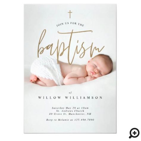 Celebrate your son or daughter’s baptism with our beautiful, modern and minimal design. Our design features a full photo layout, with the word “baptism” designed in a beautiful brush style script font in faux gold. The event details are beautifully laid out over the baby’s photo. The reverse side features a simple faux gold cross. #babybaptism #babybaptisminvitation #babybaptismphotoinvitation #baptism #baptisminvitation #babychristening #christeninginvitation #cross #baptismgoldcross  #minimal Baby Dedication Invitation, Dedication Invitations, Minimal Baby, Dedication Ideas, Baptism Card, Christening Decorations, Invitation Layout, Baptism Photos, Baptism Decorations