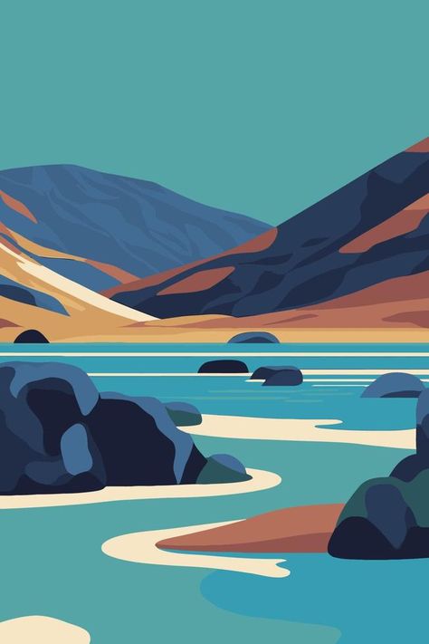 Iceland Illustration, Iceland City, The Blue Lagoon Iceland, Iceland Art, Lagoon Iceland, Blue Lagoon Iceland, The Blue Lagoon, Mountain Illustration, Mountain Nature