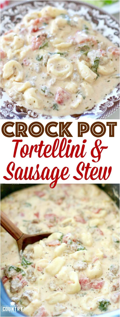 Crock Pot Creamy Italian Tortellini and Sausage Stew with College Inn Broth. Recipe from The Country Cook. #ad #CollegeInnBroth #recipe #easy #dinner #soup #crockpot #crockpotrecipes #slowcooker #stew #tortellini #sausage Country Soup Recipes, Crock Pot Recipes With Cream Cheese, Easy Crockpot Tortellini Recipes, Tortellini Sausage Soup Crockpot, Crock Pot Tortellini Recipes, Crockpot Tortellini Recipes, Crock Pot Tortellini Soup, Crockpot Sausage Tortellini Soup, Crockpot Stews