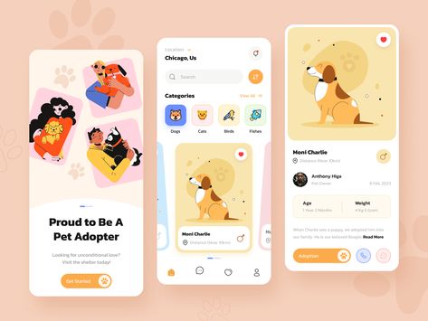 Pet Adoption App Design, Pet App Ui Design, Pet App Design, Dog Apps, Ux Design Process, Cat App, Ux App Design, Apps Design, Pet Design