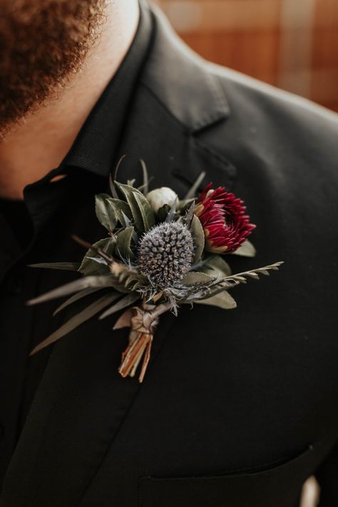 Dark And Moody Wedding Boutonniere, Cabernet Boutonniere, December Wedding Bouquets Brides, Dried Wedding Florals, Rockstar Chic, Moody Wedding Flowers, Winter Wedding Flowers, Warehouse Wedding, Dfw Wedding