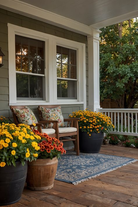 Transform your porch into a warm and inviting space this fall with large planters filled with seasonal flowers, cozy outdoor rugs, and charming hanging lanterns. #FallDecor #PorchDecor #OutdoorLiving #SeasonalDecor #AutumnVibes Lantern Outdoor Decor Porches, Fall Decor For Large Front Porch, Front Porch Decor Lanterns, Craftsman Porch Decor, Front Porch Sitting Area, Lantern Outdoor Decor, Cozy Front Porch Ideas, Cozy Front Porch, Fall Porch Decor Ideas