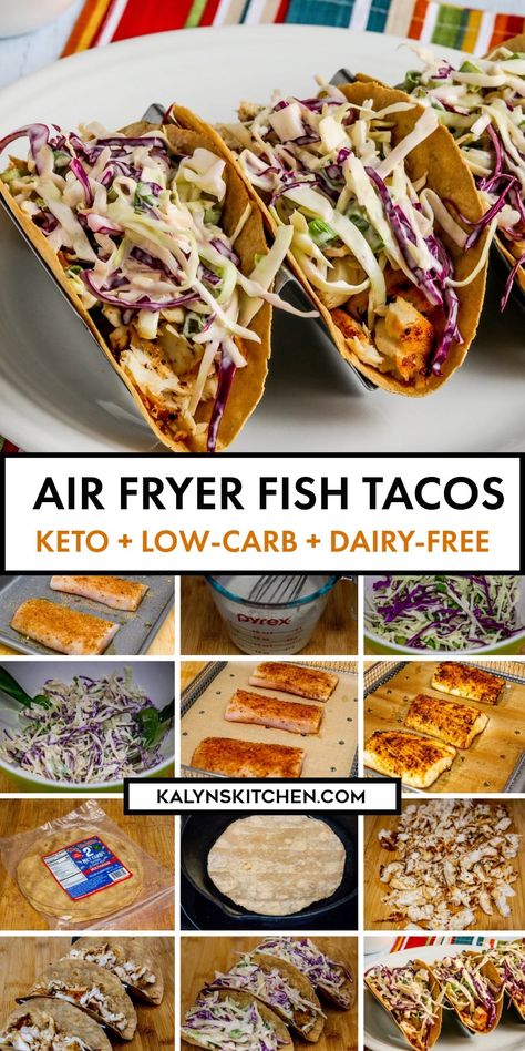 Pinterest image collage of 2 Air Fryer Fish Tacos in top photo and nine other photos of various steps involved in the preparation. Mahi Mahi Air Fryer Recipes, Air Fryer Fish Tacos, Fish Taco Recipe, Taco Dishes, Halibut Recipes, Air Fryer Fish, Body Makeover, Gluten Free Tortillas, Fish Taco