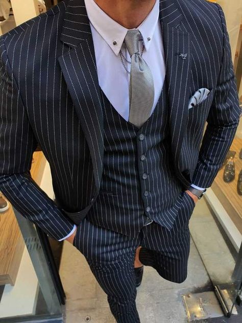 Stripe Suits For Men, Black Pinstripe Suit Men, Pin Stripe Suit Mens, Prom Suit Ideas, Gentlemen Lifestyle, Black Suit Vest, Dark Blue Suit, Gentleman Aesthetic, Pants Gift