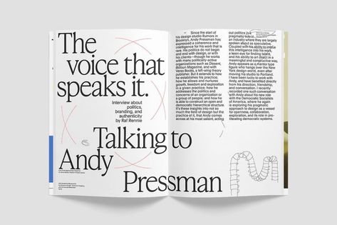 Spread from Issue 03, interview by editor Raf Rennie (@lessthannil) with Andy Pressman (@andypressman). Available at store.talk-is.cheap Poem Design, Pub Design, Page Layout Design, Magazine Spreads, Magazine Layout Design, Typography Layout, Grafic Design, Publication Design, Editorial Layout