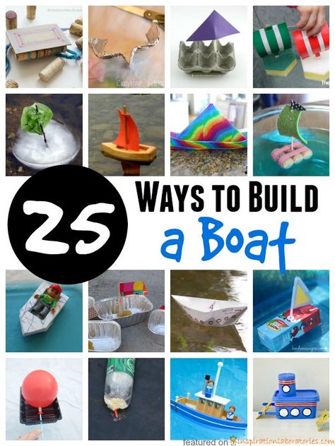 Summertime engineering challenge! How to Build a Boat: 25 Designs and Experiments for Kids #STEM #engineering #activity Boat Crafts, Make A Boat, Experiments For Kids, Build Your Own Boat, Transportation Theme, Diy Boat, Steam Activities, Stem Projects, Building For Kids