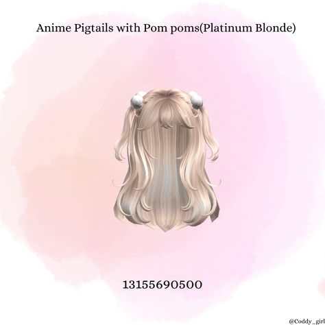 Anime Pigtails with Pom poms(Platinum Blonde) CODE Platinum Blonde Hair Codes Berry Ave, Berry Avenue Platinum Blonde Hair Codes, Roblox Platinum Hair Codes, Rambut Roblox, Anime Pigtails, Blonde Hair Roblox, Code Outfit, Brookhaven Codes, Roblox Hair