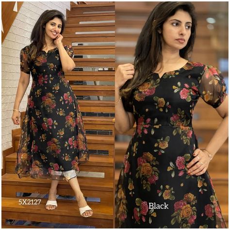 Black Floral Frock, Black Floral Saree Blouse Designs Latest, Plane Frocks For Women, Black Floral Kurti Design, Kurtha Models Latest, Organza Dress Pattern, Floral Kurti Designs Latest, Floral Organza Kurti Designs, Organza Kurti Designs Indian