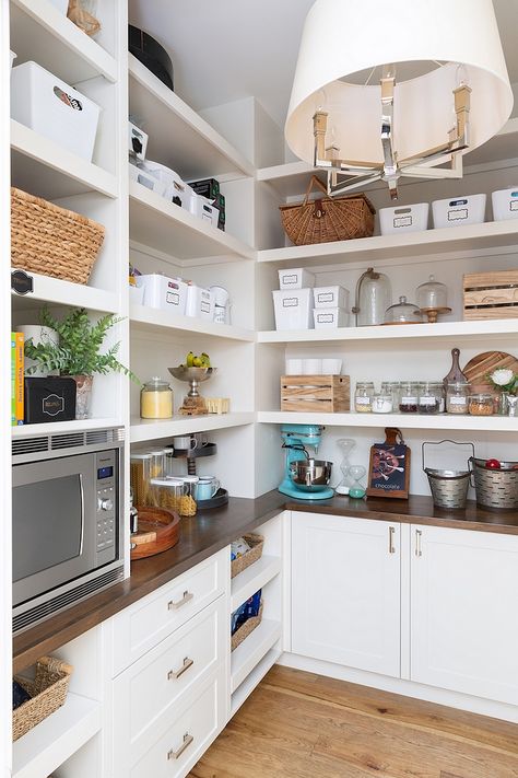 Pantry Pantry features a microwave oven I don't like the look of microwave in kitchen and putting it in the pantry is a great alternative #pantry Pantry With Microwave, Microwave In Pantry, Pantry Layout, House Pantry, Pantry Room, Pantry Remodel, Organized Kitchen, Home Bunch, Microwave In Kitchen