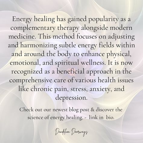 The integration of energy healing, as a complementary therapy to modern medicine, shows promising potential to accelerate the healing process and promote mental well-being. This harmonious fusion of traditional wisdom and scientific knowledge provides a holistic approach to wellness that recognizes the intricate connection between the body, mind, and spirit. Read more -link in bio. ༄ #scienceofenergyhealing #energyhealing #healing #reiki #chi #qi #prana #breath #subtleenergy #quantum #q... Bio Energy Healing, Scientific Knowledge, The Healing Process, Healing Spirituality, Energy Healing Spirituality, Energy Medicine, Healing Modalities, Healing Process, Mindful Living