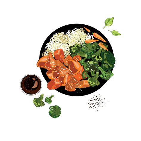 Pieces of chicken fillet with rice bowl and broccoli, young carrots in sauce drawn in a realistic cartoon style isolated on a white background.Chicken teriyaki bowl. Healthy food,Vector illustration Chicken Rice Illustration, Rice Bowl Ayam Teriyaki, Rice Bowl Illustration, Healthy Food Illustration, Wellness Bowl, Broccoli Drawing, Realistic Cartoon Style, Ayam Teriyaki, Teriyaki Chicken Rice Bowl