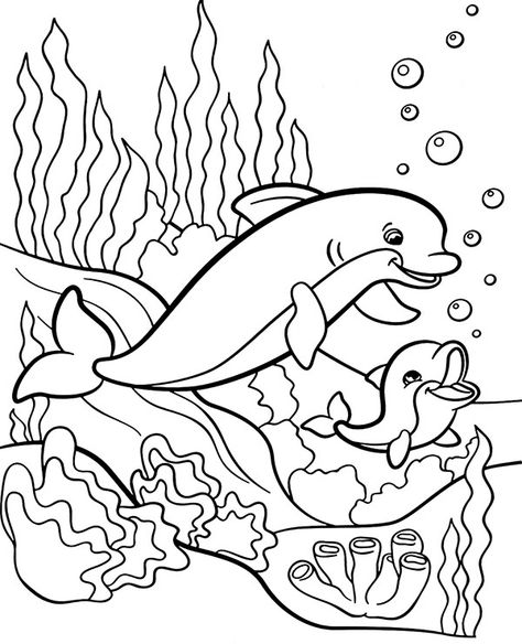 Two dolphins coloring page to print or download for children Underwater Coloring Pages, Dolphin Underwater, Dolphin Drawing, Baby Dolphin, Ocean Coloring Pages, Dolphin Coloring Pages, Colouring Printables, Animal Coloring Books, Coloring Pages To Print