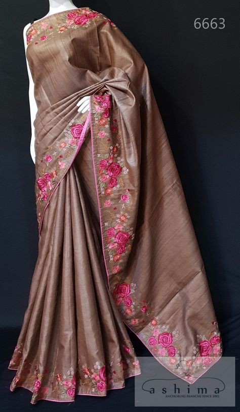 Tussar Silk Saree Embroidery, Sari Painting, Cutwork Designs, Parsi Embroidery, Saree Styling, Cutwork Saree, Tussar Saree, Saree Work, Traditional Blouse Designs