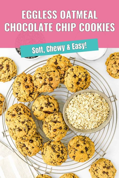 These Eggless Oatmeal Chocolate Chip Cookies are soft and chewy on the inside and just the right amount of crisp on the outside, making them totally irresistible. Plus, they’re packed with wholesome oats and loaded with chocolate chips, so every bite is a little piece of heaven. Not only are they delicious, but they’re also super easy to make with simple ingredients you probably already have in your pantry. And the fact that they’re egg-free makes them perfect for anyone with egg allergies or in Egg Replacer Recipes, Egg Free Cookies, Homemade Cookie, Egg Allergy, Egg Replacer, Eggless Desserts, Eggless Recipes, Soft Chocolate Chip Cookies, Oatmeal Chocolate Chip