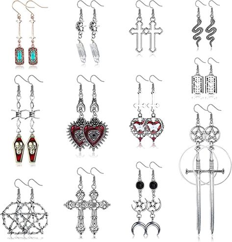 Various styles: 12 pairs of gothic earrings with different designs, suitable for butterfly heart earrings, cross earrings, snake earrings, crystal moon star earrings, golden skull skeleton earrings. These gothic punk earrings are perfect to show your personality and charm, suitable for both men and women. Great material: Made of high-quality alloy and crystal, which is robust and solid, no worry about it falling off and breaking, with stainless steel needle, suitable for your skin, comfortable t Grunge Earrings, Earrings Snake, Y2k Earrings, Skeleton Earrings, Red Heart Earrings, Punk Earrings, Y2k Accessories, Layered Choker Necklace, Moon And Star Earrings