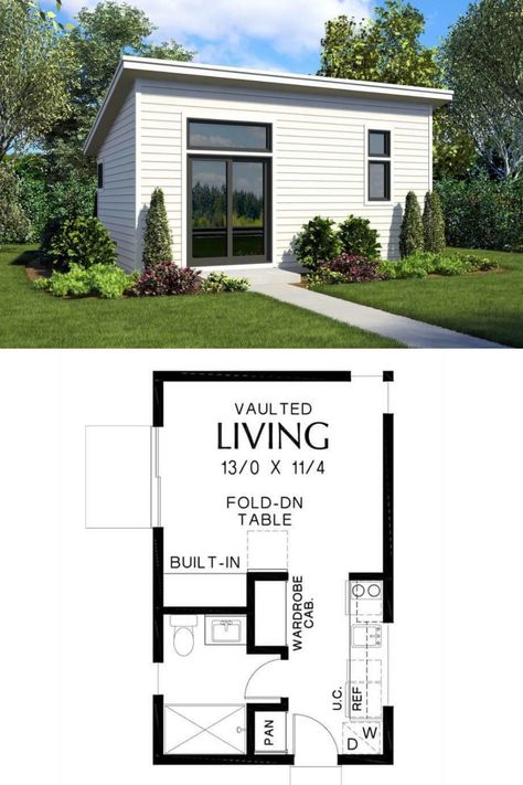 Bowman's one story small farmhouse house plan with an open concept floor plan. This 1 bedroom house plan is perfect for single living and can also be considered as a tiny house house plan as it is just 322 sq.ft. in size. It features a sleek box exterior with white horizontal siding and slanted rooflines. https://www.thehousedesigners.com/plan/bowman-7236/ Single Floor House Plans, 1 Story House Plans, House Plans Single Story, One Bedroom House Plans, 1 Bedroom House Plans, 1 Story House, Studio Floor Plans, One Bedroom House, 1 Bedroom House