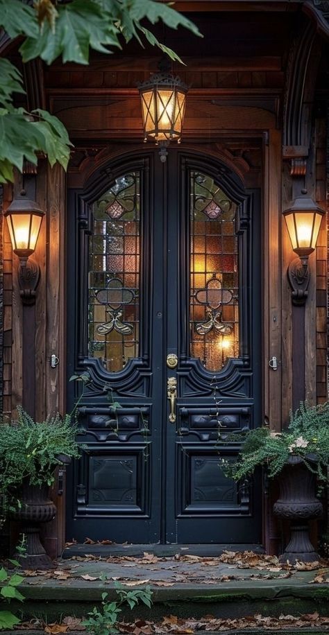 Villa Illustration, Witchy Door, Porch Lighting Ideas, Front Door Transformation, Victorian Front Door, Portico Design, Exterior Door Designs, Front Door Lighting, Front Porch Lighting