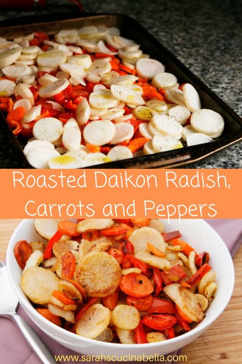 Winter Radish Recipes, Roasted Carrots And Radishes, Diakon Recipes, Dicon Radish Recipes, Diakon Radish Recipes, White Radish Recipes, Pickled Daikon Radish Recipes, Christmas Veggies, Diakon Radish