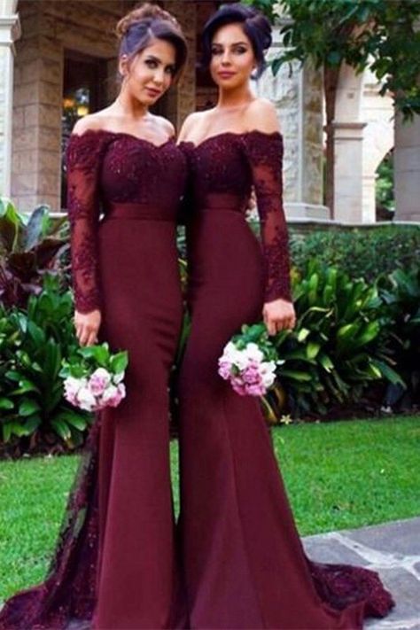 Burgundy Bridesmaid Dresses Lace, Grape Bridesmaid Dresses, Women Standing, Beaded Bridesmaid Dress, Jersey Prom Dress, Long Sleeve Bridesmaid Dress, Mermaid Bridesmaid, Bridesmaid Dresses With Sleeves, Burgundy Bridesmaid