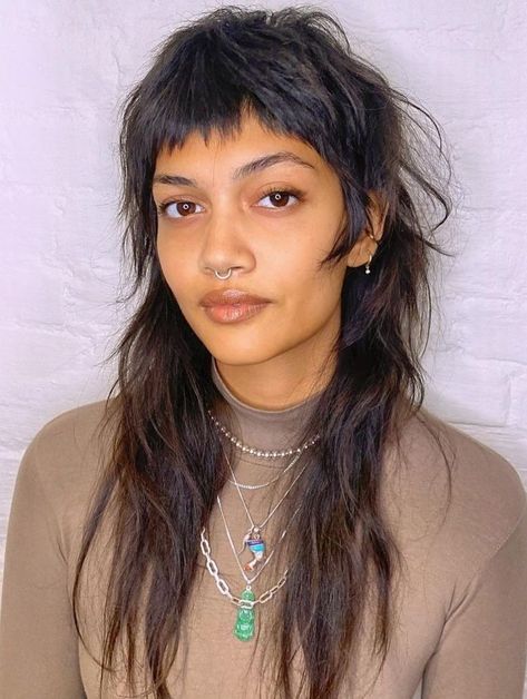 Lesbian Long Hairstyles, Edgy Haircuts Black Women, Thinned Bangs, Edgy Shag Haircut With Bangs, She Mullet, Lesbian Hairstyles Long Hair, Modern Mullet Women Shag, Long Thinning Hair Styles, Haircut For Fine Wavy Hair