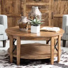 Shabby Chic & Farmhouse Furniture | Antique Farmhouse Round Coffee Table Wood, Vintage Style Room, Round Coffee Table Styling, Wood Coffee Table Living Room, Honey Hive, Round Coffee Table Living Room, Display Basket, Coffee Table With Shelf, Round Wood Coffee Table