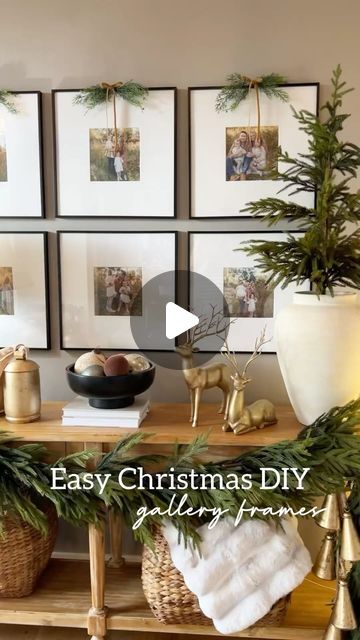 Tracy Baggett on Instagram: "Easy gallery frame DIY for decorating for Christmas! I used one cedar stem I already had then clipped little sprigs and tied together with floral wire. Add your bow, a mini 3m hook and it looks so festive 🎄   Comment FRAMES below for the links of everything I used and in this video to be sent straight to your inbox! ***Note you must be following me for the link to show up 🤎  Christmas decor  Christmas decorating  Christmas gallery frames  Console table Christmas decor  Christmas vibes  Norfolk garland  Amazon must haves  Amazon finds" Picture Wall Christmas Decor, Decorating Picture Frames For Christmas, Picture Frames Christmas Decorations, Bows On Picture Frames Christmas, Christmas Bows On Picture Frames, Garland On Picture Frame, Christmas Gallery Wall Ideas, Console Table Christmas Decor, Christmas Console Table Decor