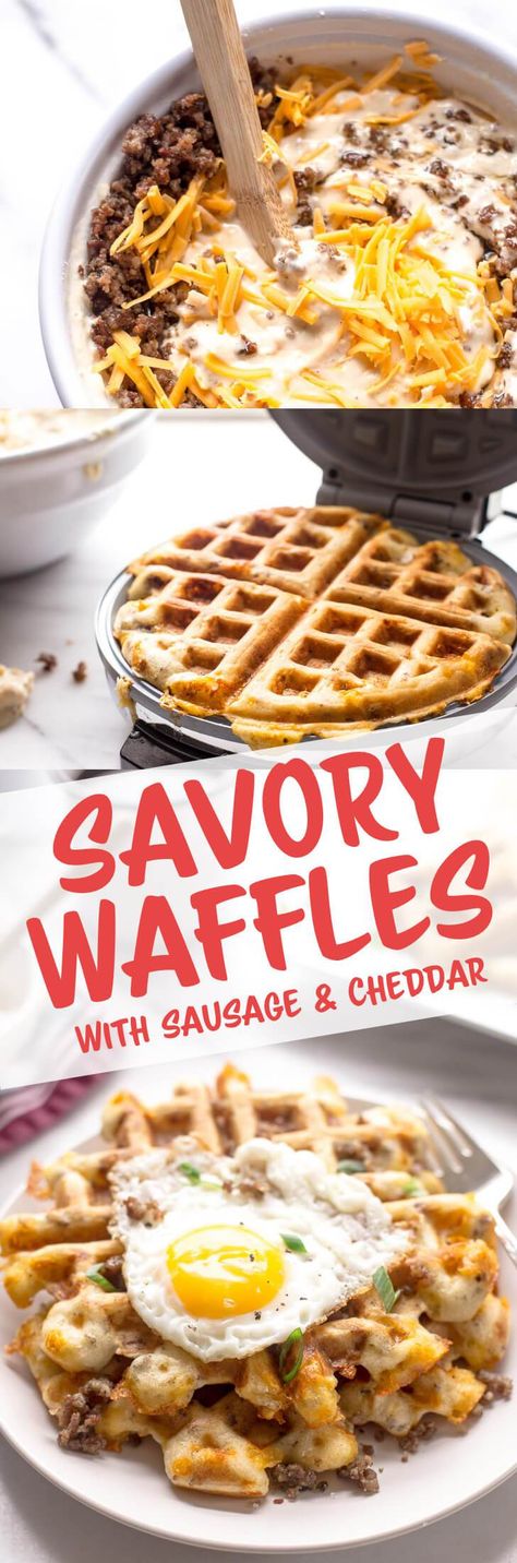 Savory Waffles with Sausage & Cheddar - Give your weekend waffles a make-over by adding savory sausage and cheddar cheese. Drizzled with maple syrup or topped with a fried egg, these waffles are sure to be a new favorite! Breakfast Savory, Waffles Breakfast, Waffle Iron Recipes, Waffle Maker Recipes, Savory Waffles, Foods With Iron, Iron Recipes, Wakey Wakey, Breakfast Waffles