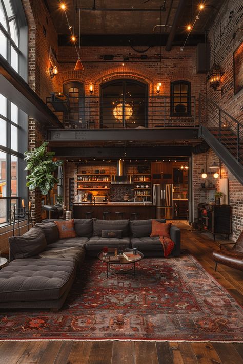 Studio Appartement Ideas, Warehouse Home Converted, New York Loft Aesthetic, Luxury Man Cave, Loft Apartment Layout, Loft Decor Ideas, Loft Homes, Loft Building, Loft Aesthetic