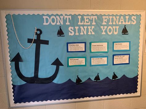 “Dont let finals sink you” RA board related to academic success Ra Board Ideas, Residence Life Bulletin Boards, Res Life Bulletin Boards, Ra Door Decs, Ra Themes, Ra Bulletins, Ra Boards, Ra Bulletin Boards, Res Life