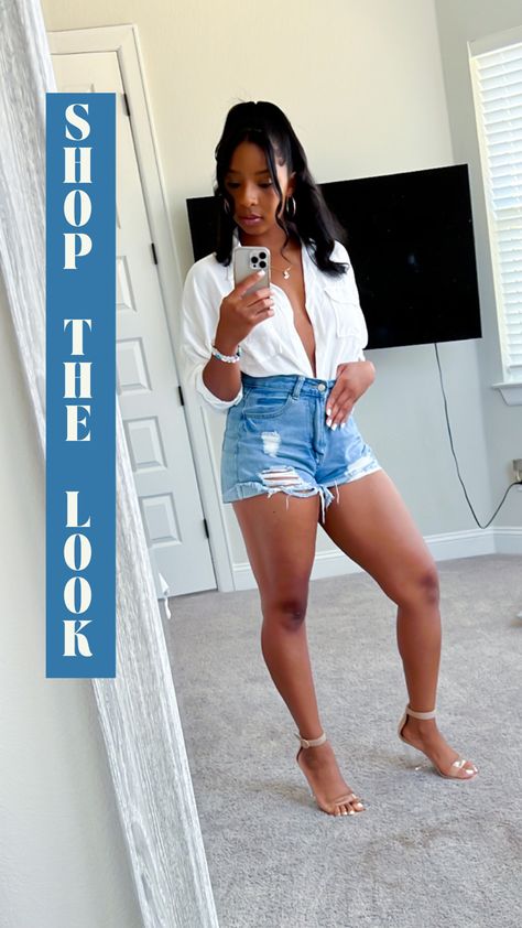 Button Up And Shorts Summer Outfits, Denim Shorts Brunch Outfit, Denim Shorts And White Button Down, White Button Down Shirt With Shorts, Denim Shorts Dressed Up, Shirt And Denim Shorts, Jean Shorts And White Button Up, Denim Shorts Night Out Outfit, White Shirt And Denim Shorts