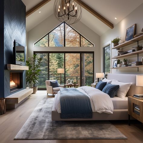 Master Rooms Bedrooms, Two Room Master Suite, Master Suite Inspiration, Master Bedrooms With Big Windows, Big Primary Bedroom, Dream Primary Bedroom, Big Window Bedroom Master Suite, Master Room With Fireplace, His And Her Room Ideas