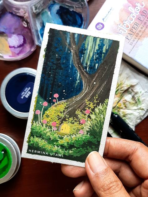 Gouache painting of a fantasy forest. Gouache Painting Techniques, Gauche Painting, Diy Canvas Art Easy, Posca Art, Gouache Art, Art Painting Gallery, Painting Art Lesson, Forest Painting, Art Gallery Wallpaper